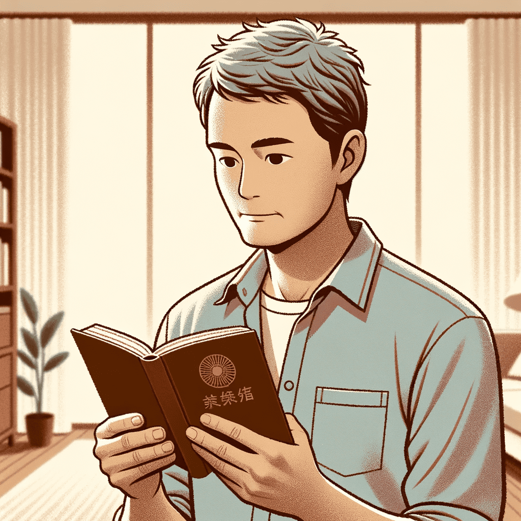 家のリビングで宗教的な本を読んで考え込む中年男性のイラスト