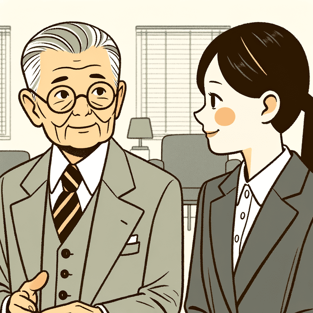 オフィスでコンピュータを使って年賀状リストを作成している高齢の女性のイラスト