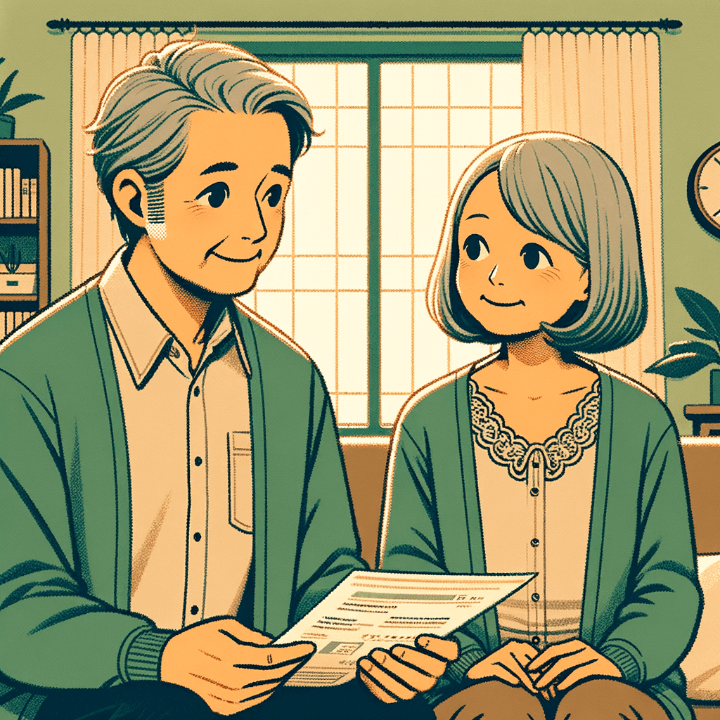 居間で相談しながら資料を調べている老夫婦のイラスト