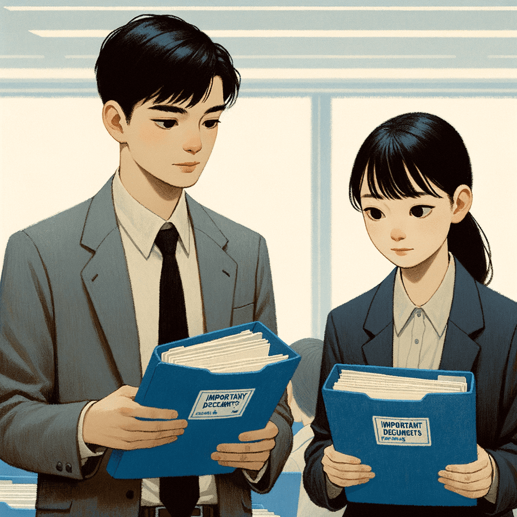 オフィスで終活文書を整理する若者二人のイラスト