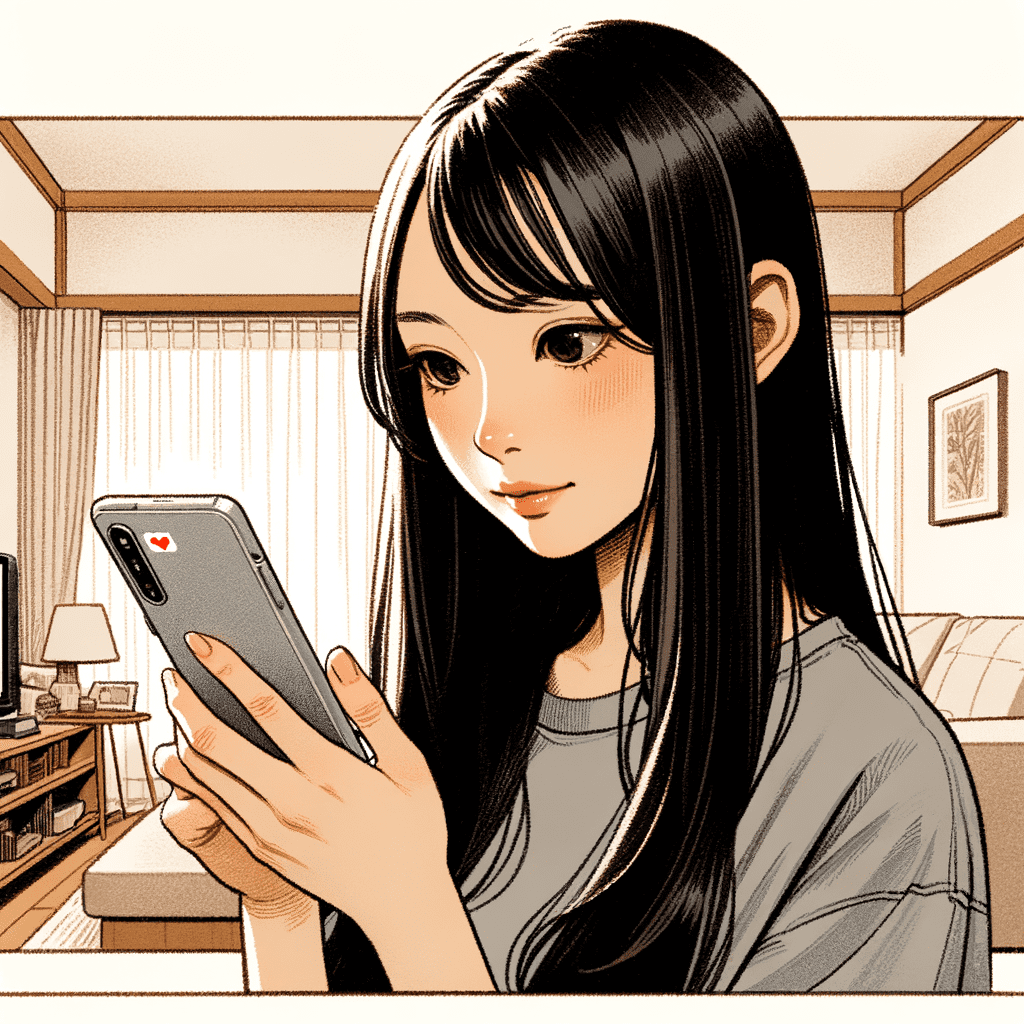 リビングでスマートフォンを使いながら相談している若い女性のイラスト