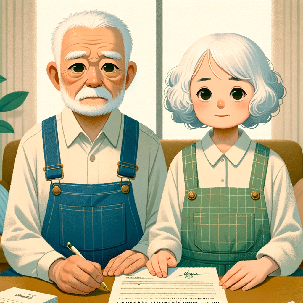 事務室で書類を説明している老農家夫婦のイラスト