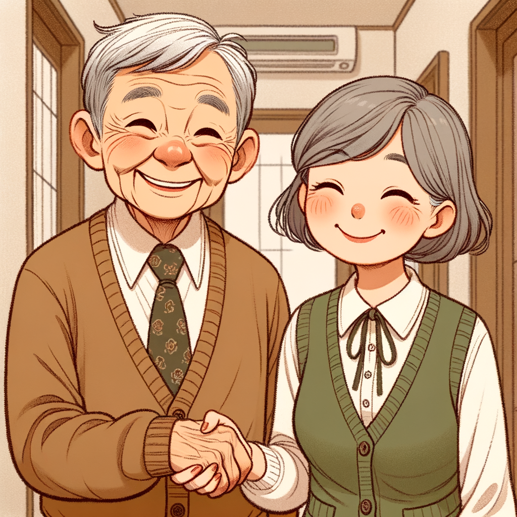 玄関で握手している愛らしい老夫婦のイラスト