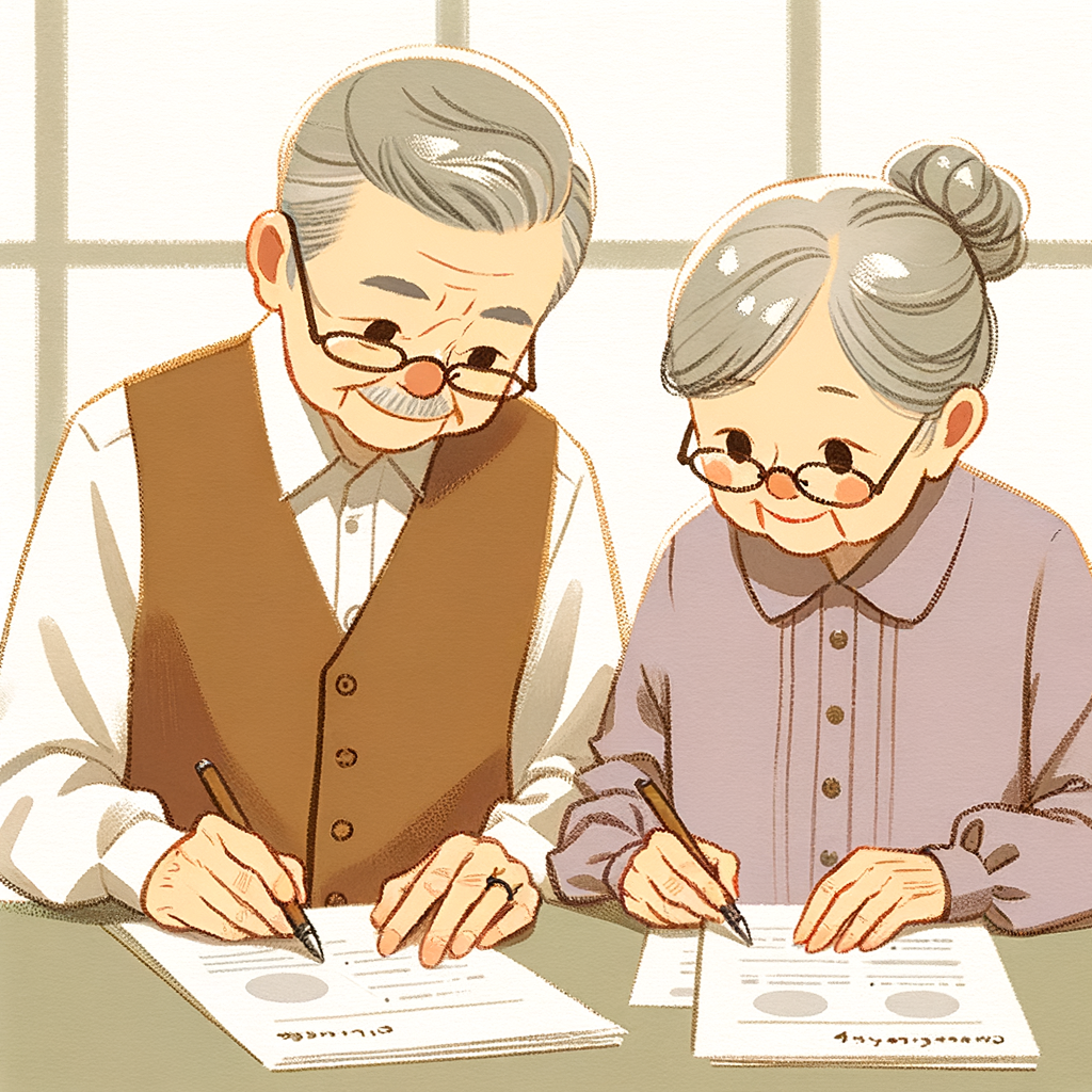 書斎で資料を調べている愛らしい老夫婦のイラスト