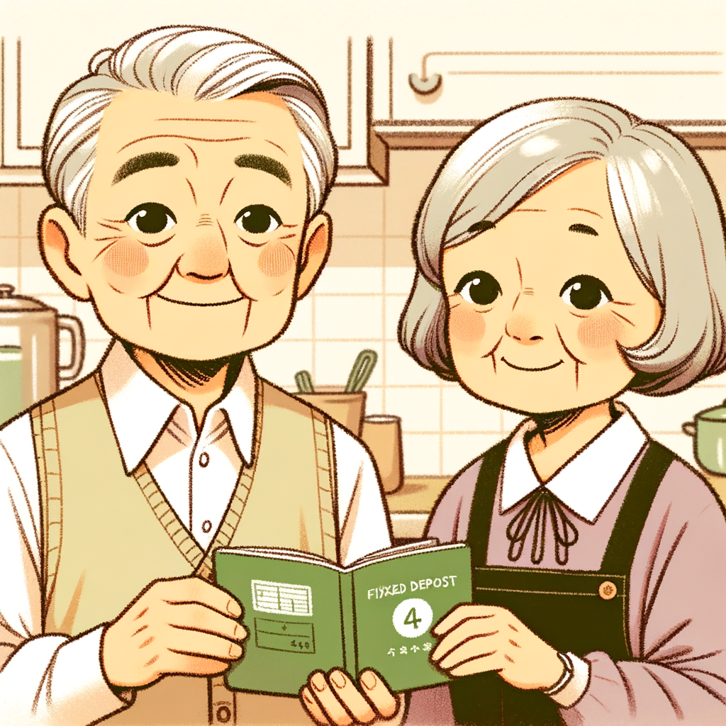 キッチンで貯蓄の話をしている愛らしい老夫婦のイラスト