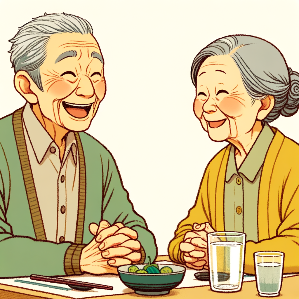 食卓で笑顔で会話をする愛らしい老夫婦のイラスト