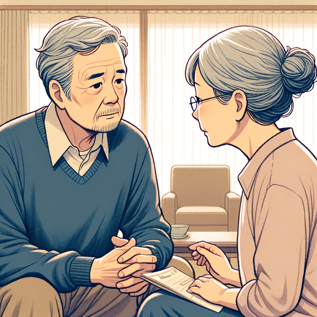 居間でエンディングノートを見て話している愛らしい老夫婦のイラスト