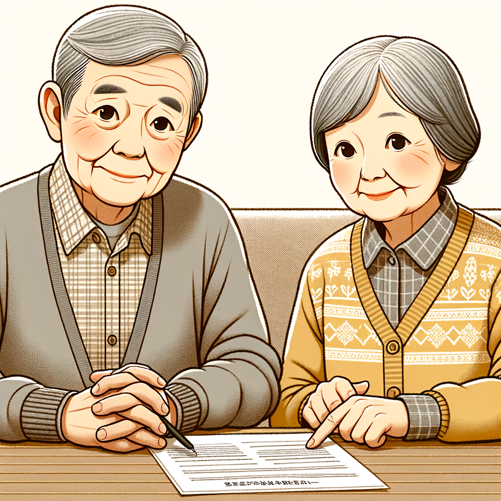 居間で医療意思表示の資料について議論している愛らしい老夫婦のイラスト