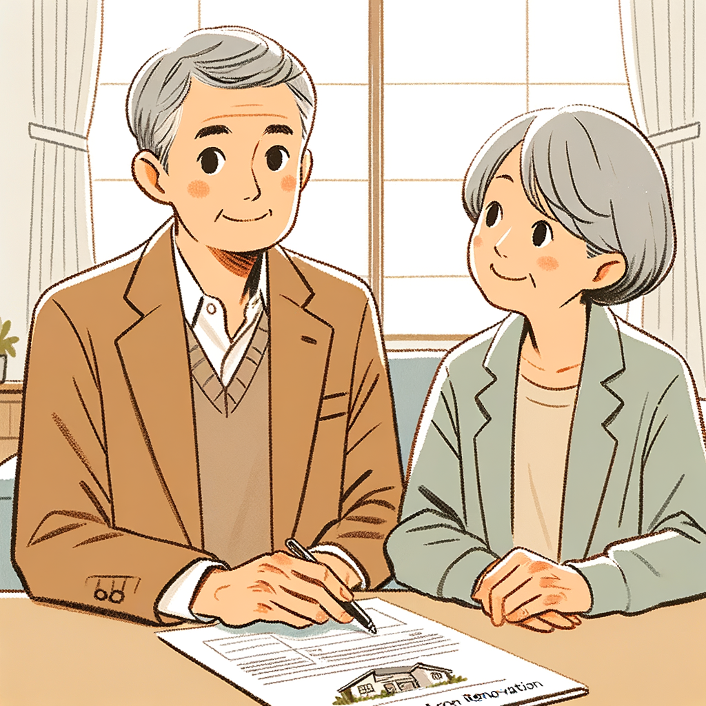 デスクに座り住宅改修について相談する愛らしい老夫妻と専門家のイラスト