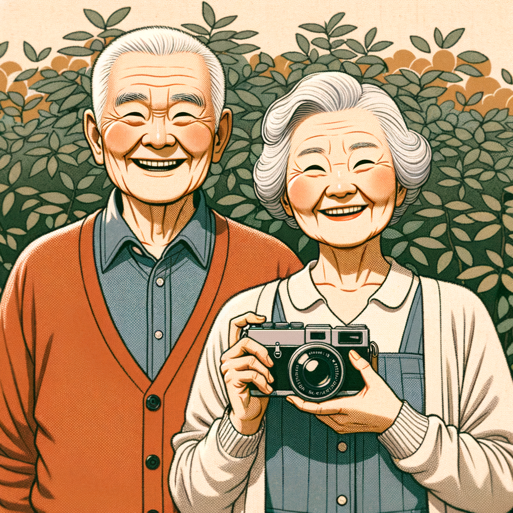 庭で記念写真を撮っている愛らしい老夫婦のイラスト