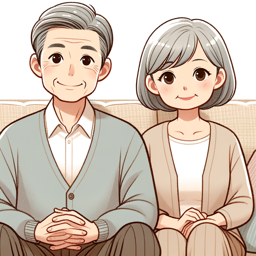 自宅のソファでリラックスしている愛らしい老夫婦のイラスト