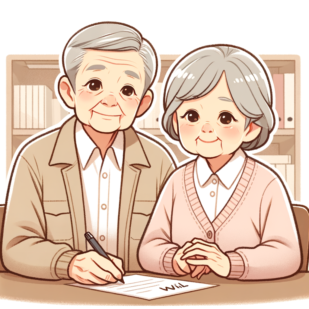 書斎で遺言書を書いている愛らしい老夫婦のイラスト