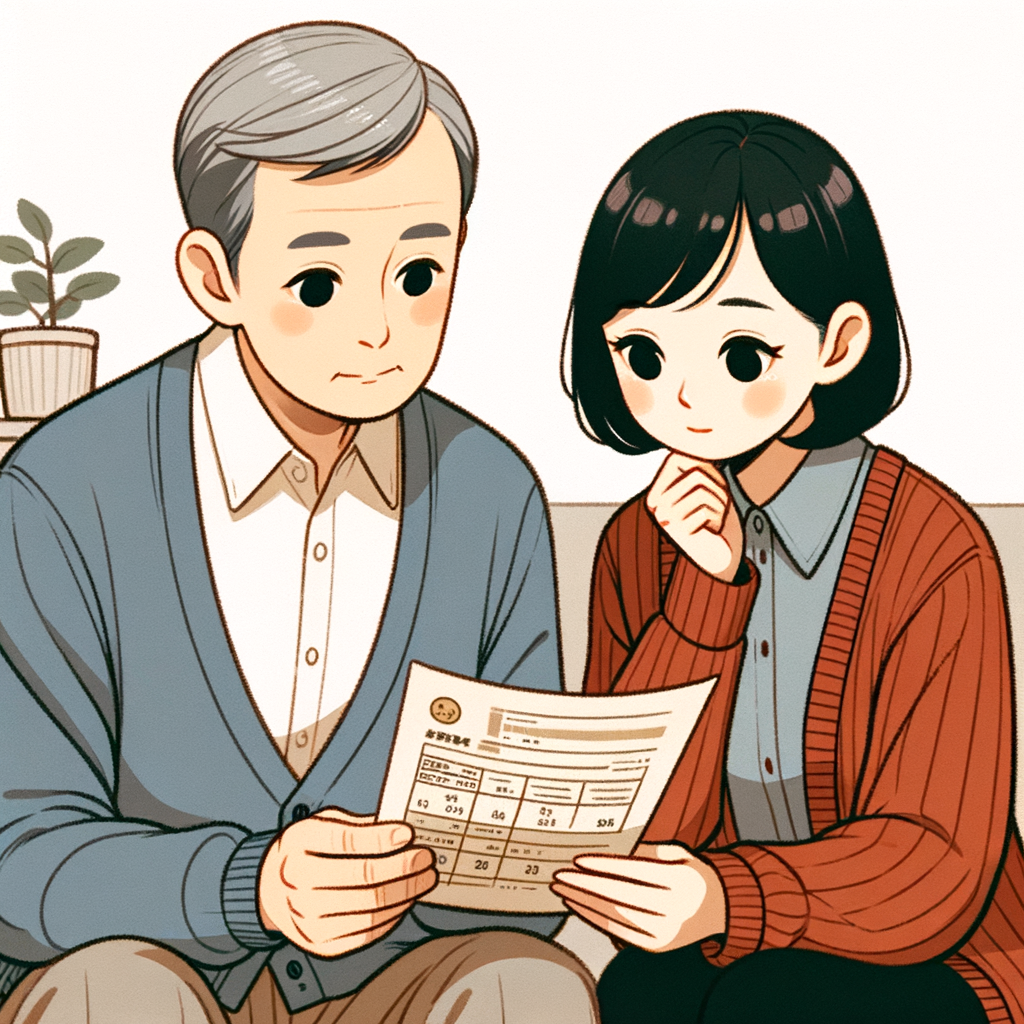 居間で財産管理資料を広げて考えている中年夫婦のイラスト