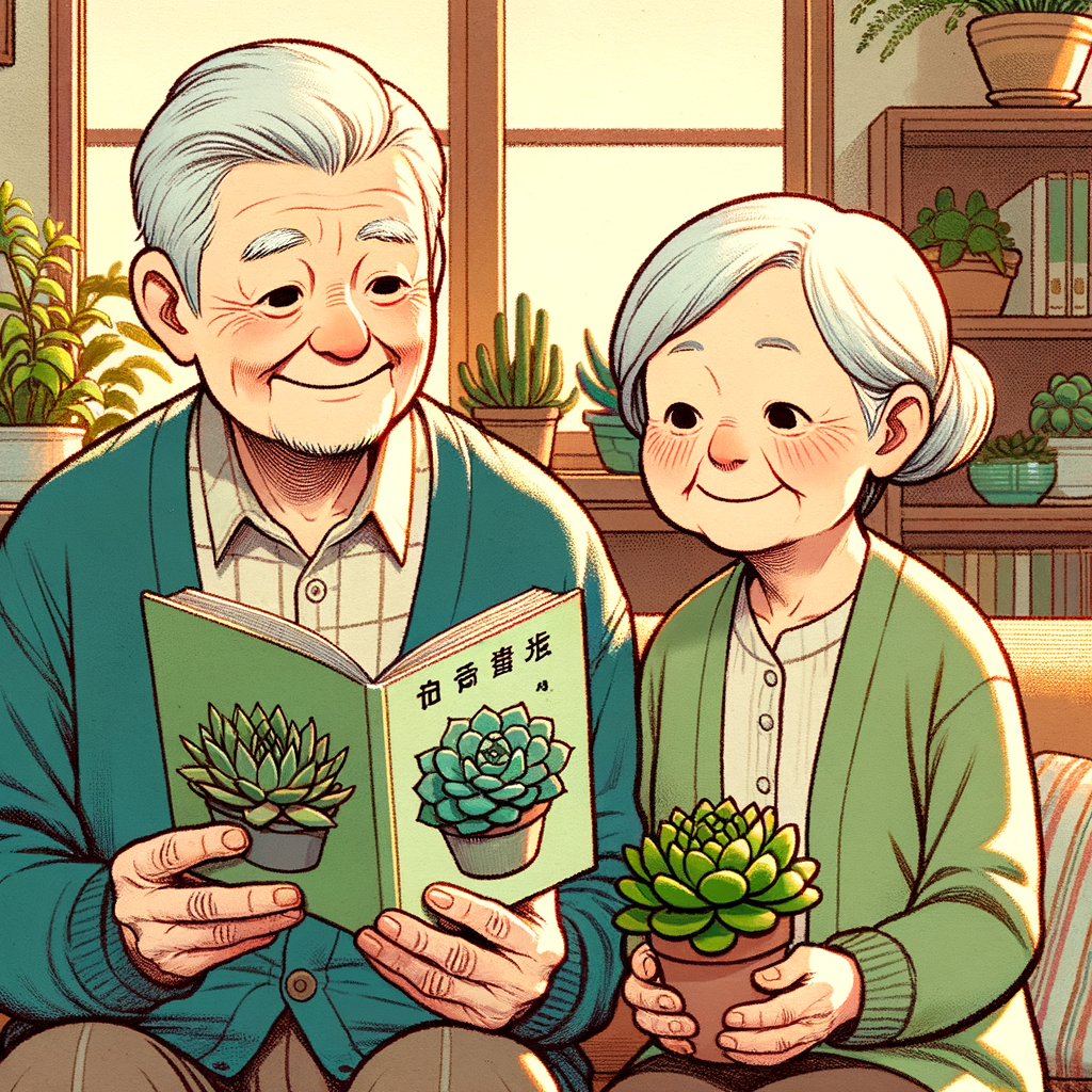 リビングで多肉植物を選んでいる愛らしい老夫婦のイラスト