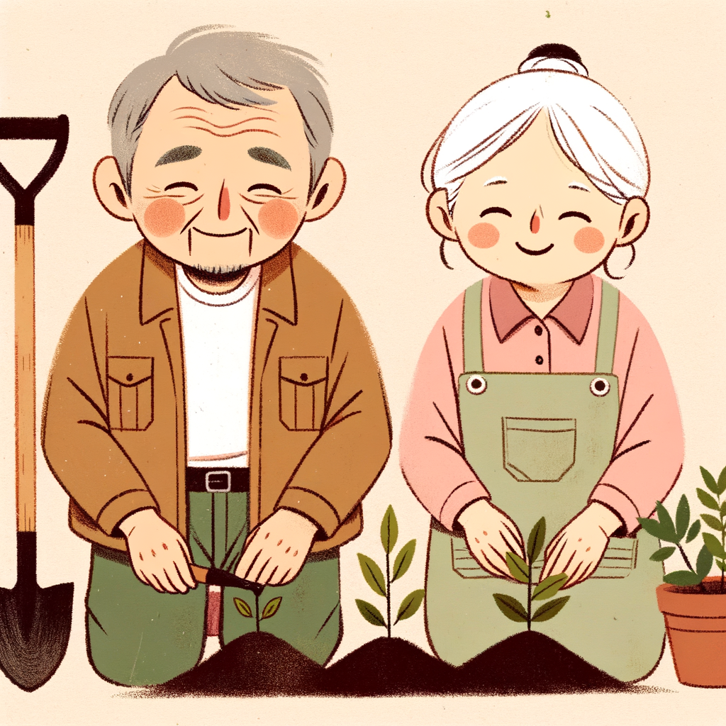 庭で植物を手入れしている愛らしい老夫婦のイラスト