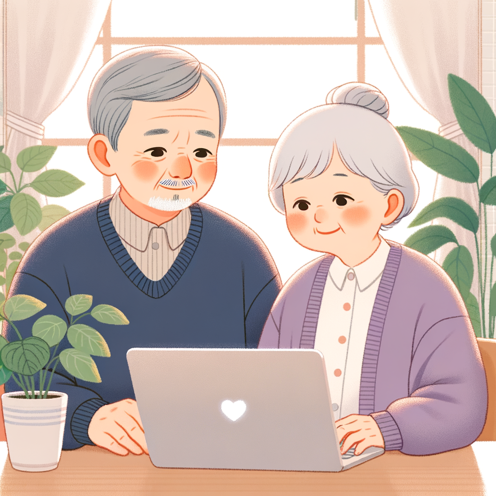 書斎で植物について調べている愛らしい老夫婦のイラスト