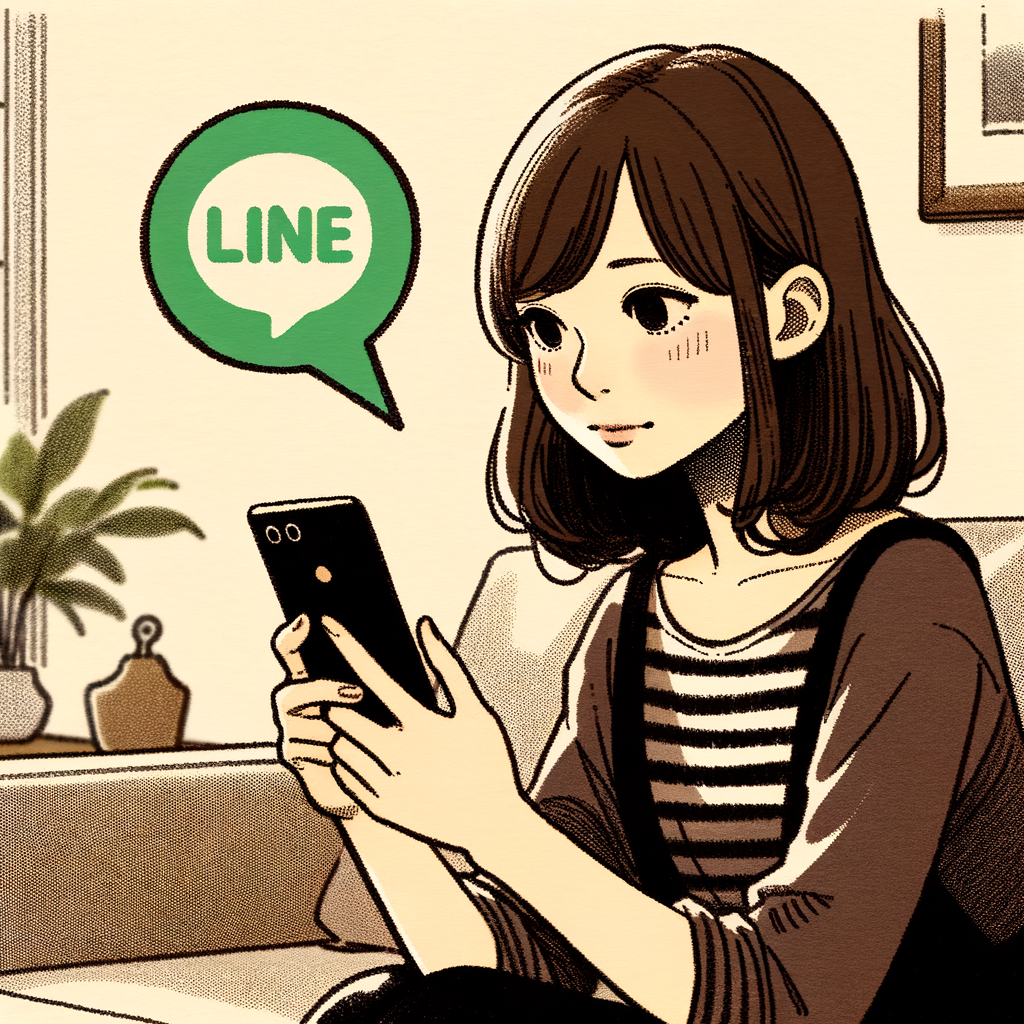 リビングでLINEを使って遺品整理相談をしている若い女性のイラスト