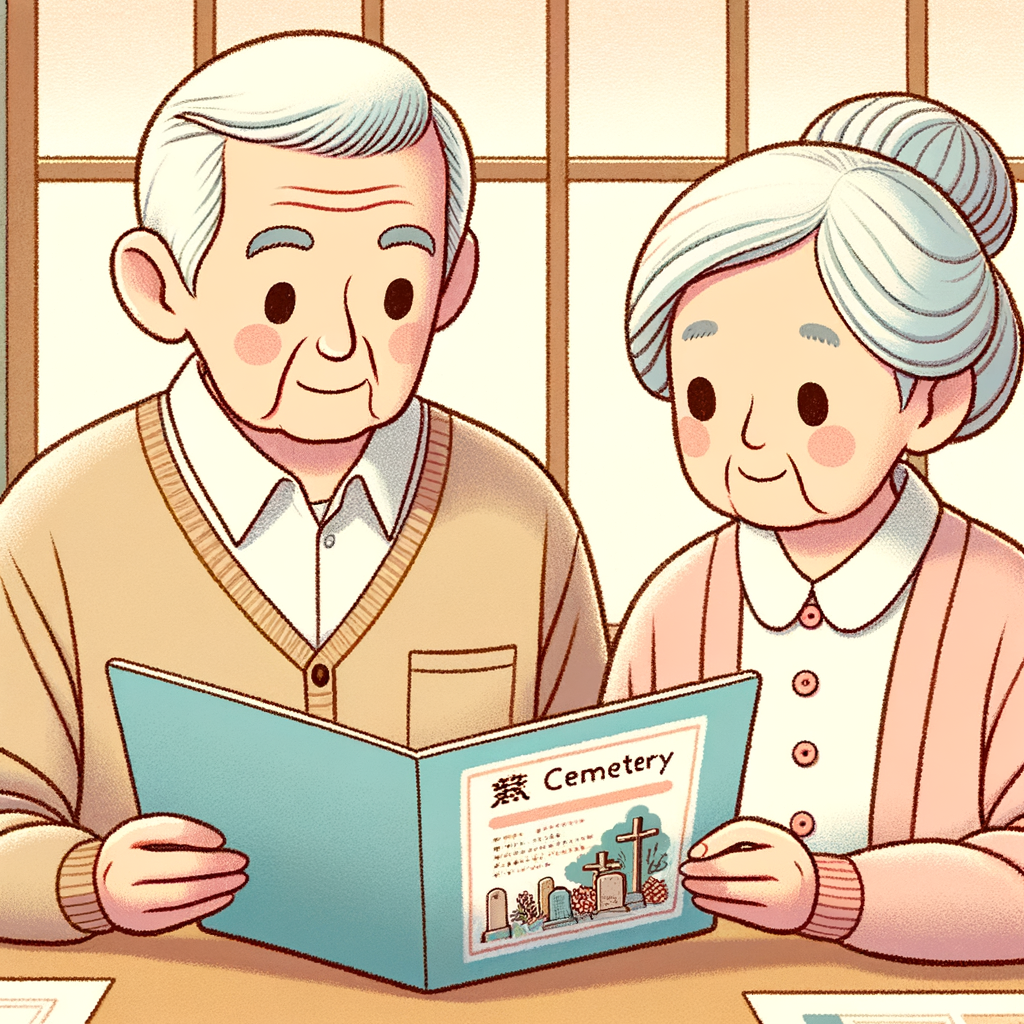 書斎でお墓の資料を読んでいる高齢の日本人夫婦のイラスト