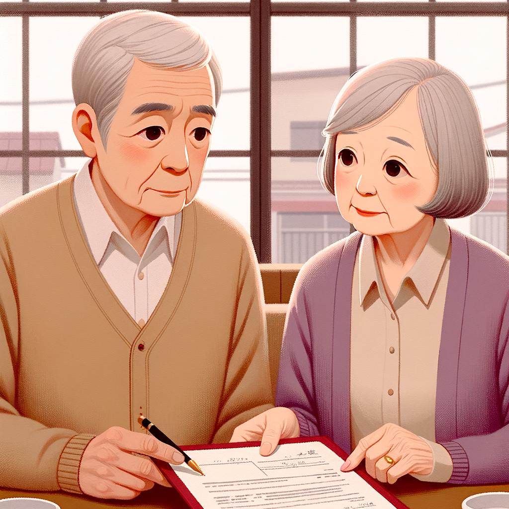 カフェで相続手続きの資料を見ながら話し合っている愛らしい老夫婦のイラスト