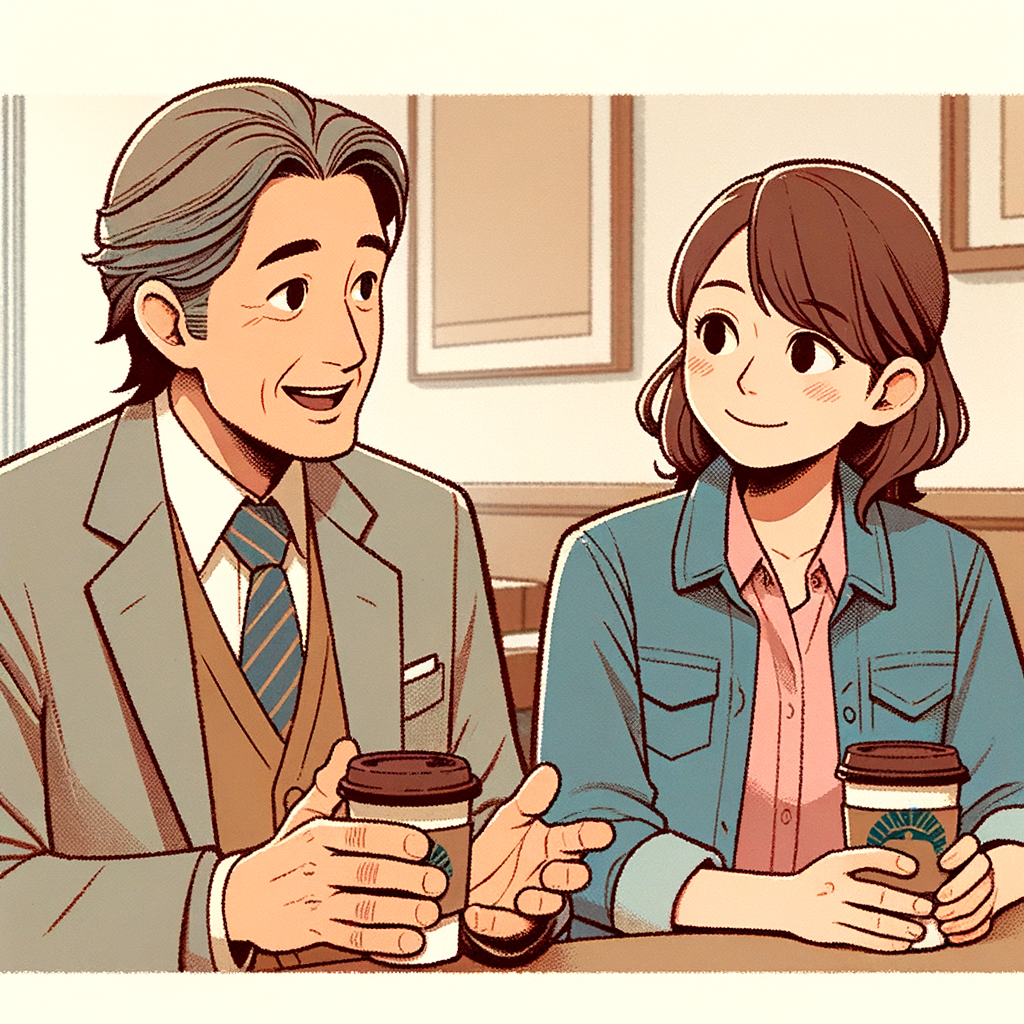 カフェで友人と会話をしている中年の男女のイラスト