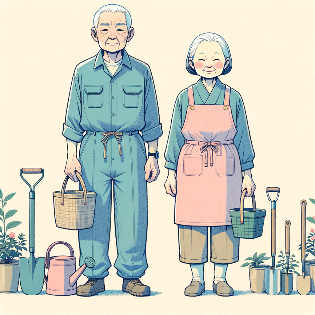 庭で家財道具の整理をしている愛らしい老夫婦のイラスト