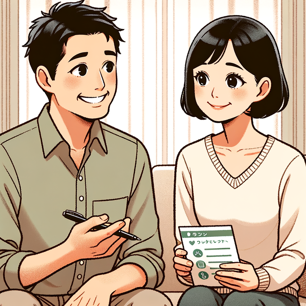 リビングルームで家族プランについて話し合っている中年の夫婦のイラスト