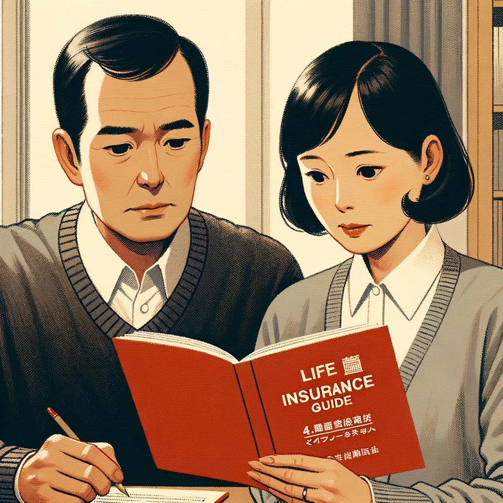 自宅の書斎で生命保険の資料を読み込んでいる中年の夫婦のイラスト