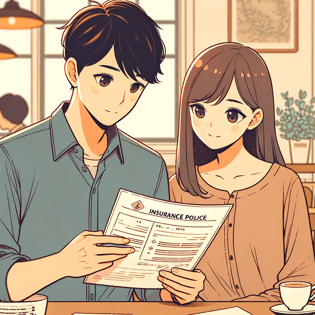 カフェで保険契約書をチェックしている若い夫婦のイラスト