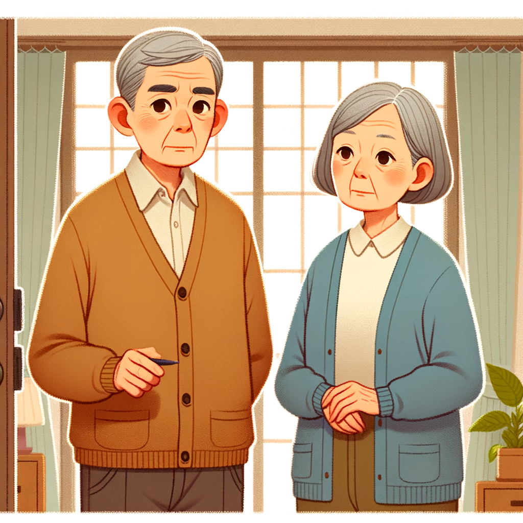 玄関で弁護士と話している老夫婦のイラスト