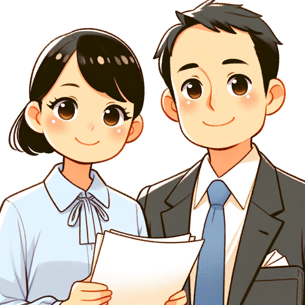 弁護士と相談している中年夫婦のイラスト